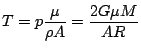 $ \displaystyle T=
p\frac{\mu}{\rho A}=\frac{2G\mu M}{AR}$