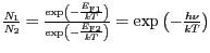 $ \frac{N_1}{N_2}=\frac{\exp\left(-\frac{E_\text{F1}}{kT}\right)}
{\exp\left(-\frac{E_\text{F2}}{kT}\right)}=\exp\left(-\frac{h\nu}{kT}\right)$