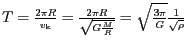 $ T=\frac{2{{\pi}R}}{v_{\mathrm{k}}}=\frac{2{{\pi}R}}{\sqrt{G\frac{M}{R}}}=\sqrt{\frac{3{{\pi}}}{G}}\frac{1}{\sqrt{{{\rho}}}}$