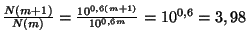 $ \frac{N(m+1)}{N(m)}=\frac{10^{0,6\left(m+1\right)}}{10^{0,6m}}=10^{0,6}=3,98$