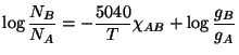 $ \displaystyle
\log\frac{N_B}{N_A}=-\frac{5040}{T}\chi_{AB}+\log\frac{g_B}{g_A}$