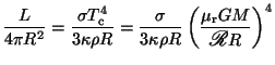 $ \displaystyle \frac{L}{4\pi
R^2}=\frac{\sigma T_{\mathrm{c}}^4}{3\kappa\rho R}...
...c{\sigma}{3\kappa\rho
R}\left(\frac{\mu_\mathrm{r}GM}{\mbox{\rsfs R}R}\right)^4$